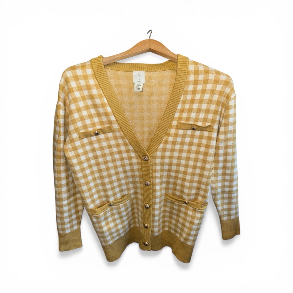 Joie Yellow And Cream Gingham V-Neck Cardigan Gold Lion Button Sweater Womens Xs